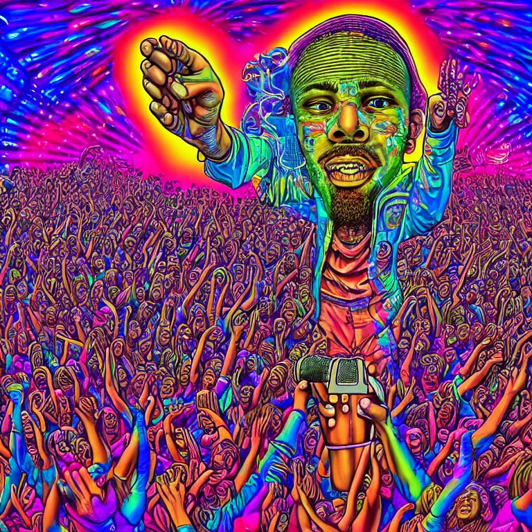 Image similar to rapping on stage at festival, holding microphone, giant crowd, epic pose, happy, psychedelic, hip hop, surreal, neon, vaporwave, detailed, illustrated by Alex Grey, 4k