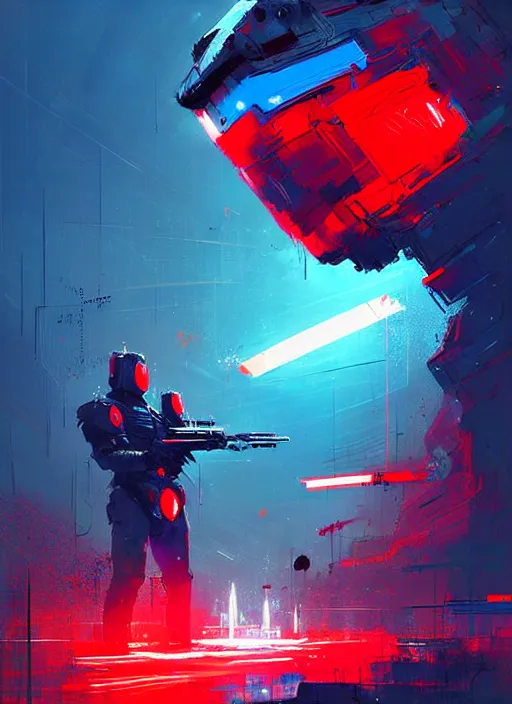 Prompt: sci - fi art, dolph lundgren as armored warrior, blue and red in the background, art by ismail inceoglu