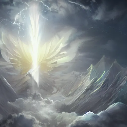 Image similar to a beacon of light descends from the clouds and refracts into ripples and shards of light energy in contact with the tip of a white fantasy sword wielded overhead by an archangel man on a medieval battlefield, artstation, deviantart, 8k, concept art, incredibly detailed art