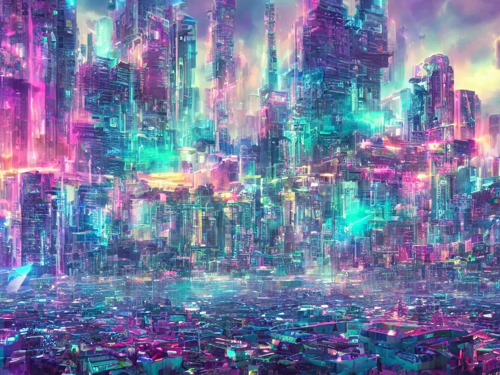 Prompt: mystical colorful cyberpunk city with a clear blue lake in a clearing where an abstract nebula crystal sculpture is floating above it, powerful, 4k, photograph, vaporwave