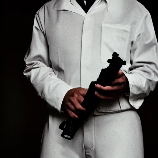 Image similar to walter white in a white suit, holding a pistol, cinematic still, dramatic lighting, harsh light and shadows