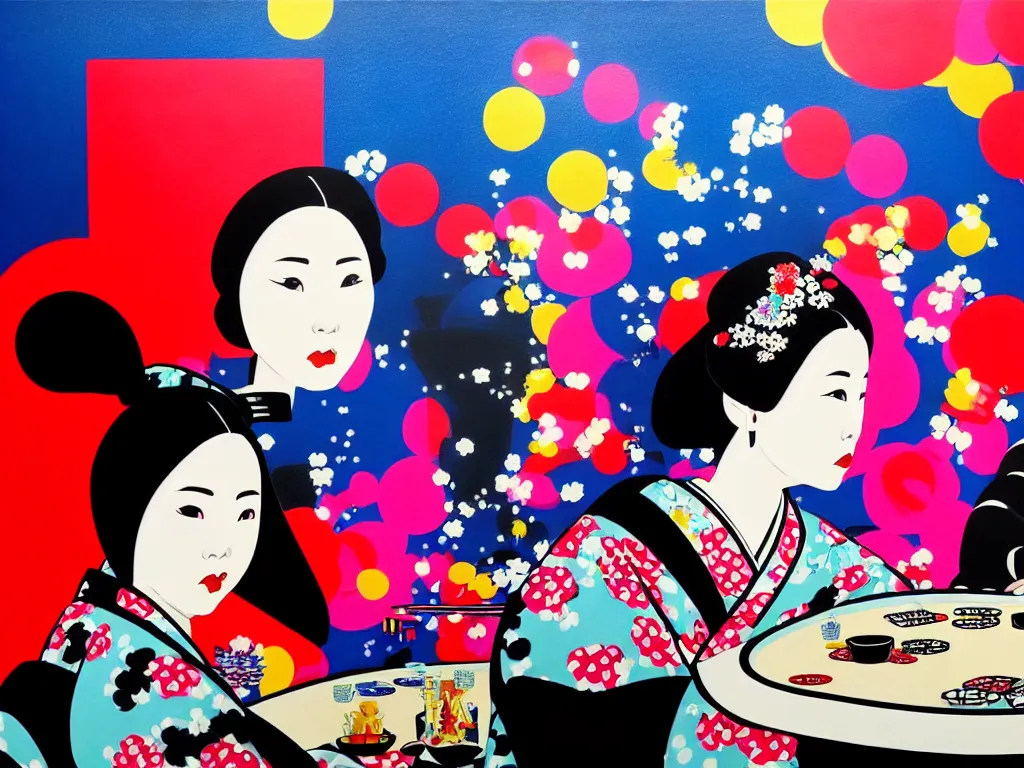 Image similar to hyperrealistic composition of the woman in a japanese kimono sitting at a poker table with darth vader, fireworks, mount fuji on the background, pop - art style, jacky tsai style, andy warhol style, acrylic on canvas