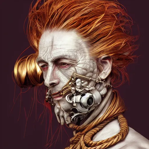 Image similar to portrait of a Shibari rope wrapped face and neck, headshot, insanely nice professional hair style, dramatic hair color, digital painting, of a old 17th century, old cyborg merchant, amber jewels, baroque, ornate clothing, scifi, realistic, hyperdetailed, chiaroscuro, concept art, art by Franz Hals and Jon Foster and Ayami Kojima and Amano and Karol Bak,