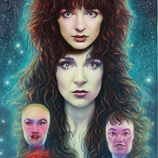 Prompt: kate bush in stranger things, exquisite airbrush painting from the eighties, intricate detail, artstation,