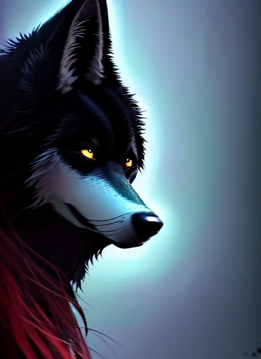 Image similar to beautiful headshot portrait of a black male anthropomorphic black wolf fursona long red hair. character design by cory loftis, fenghua zhong, ryohei hase, ismail inceoglu and ruan jia. artstation, volumetric light, highly detailed, photorealistic, fantasy, rendered in octane