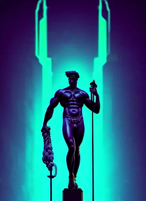 Image similar to statue of hercules, beeple, android jones, liam wong, ( ( ( ( ( dan mumford ) ) ) ) ), vaporwave, retrowave, black background, thin neon lines, black, glitch, strong contrast, cuts, pinterest, trending on artstation