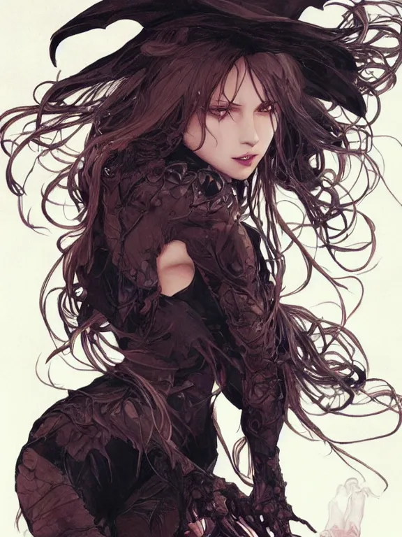 Image similar to full body picture of a witch with exoskeleton wanna play with you, cynical, bored, beautiful and aesthetic, intricate, unreal engine, messy hair, highly detailed, detailed face, smooth, sharp focus, chiaroscuro, manga illustration, artgerm, greg rutkowski, alphonse mucha, young adult light novel cover art