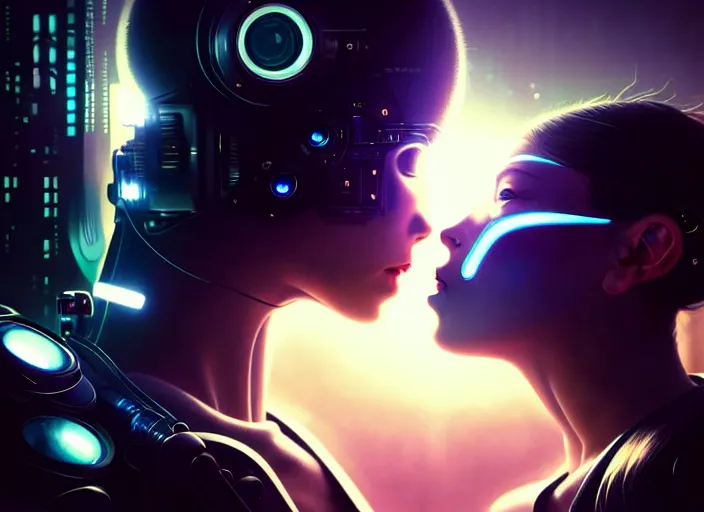 Image similar to ultra realistic medium shot of a couple of cyborgs kissing, lovers, cyberpunk, sci - fi, fantasy, kodak, colour led, soft light, volumetric lighting, night, intricate, highly detailed, digital painting, concept art, smooth, sharp focus, illustration, art by artgerm and greg rutkowski and alphonse mucha