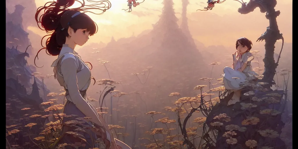 Prompt: twist your tiny lies into the spoon, spinning a web with your metallurgy. by hayao miyazaki and rossdraws and artgerm and greg rutkowski and alphonse mucha and studio ghibli. high quality, stunning, intricate detailed environment. 8 k