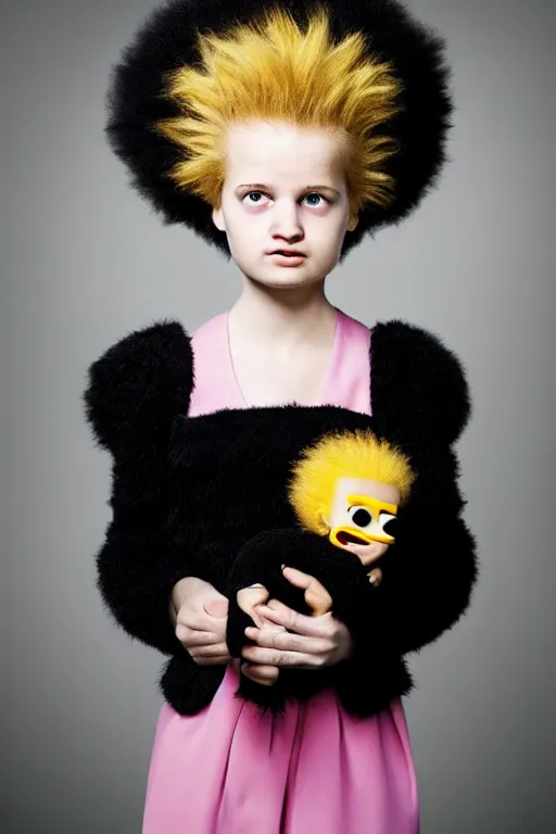 Image similar to studio portrait of girl that looks excactly like lisa simpson, lookalike, as if lisa simpson came to life, soft light, black background, fine details, close - up, award winning photo by martin schoeller