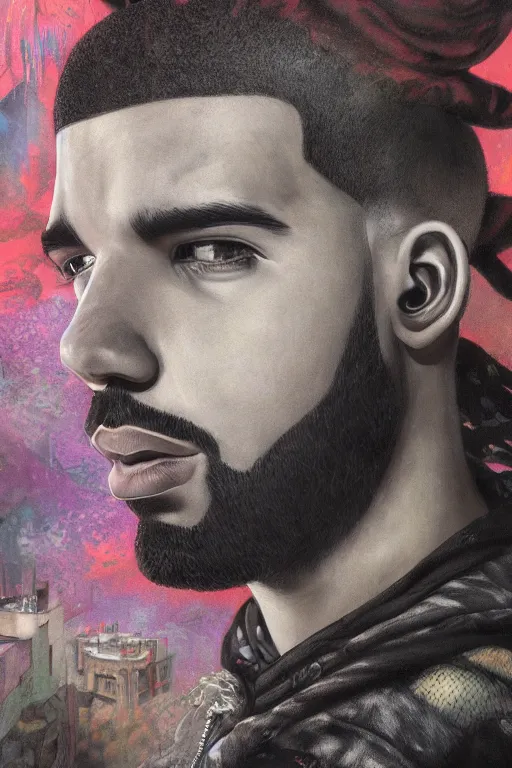 Prompt: portrait of drake by mahmoud farshchian, mia brownell, very detailed, maximalism, ambient occlusion, volumetric light, atmospheric haze, hyper realism, cyberpunk shading, cinematic composition, realistic render, photorealistic, wide shot