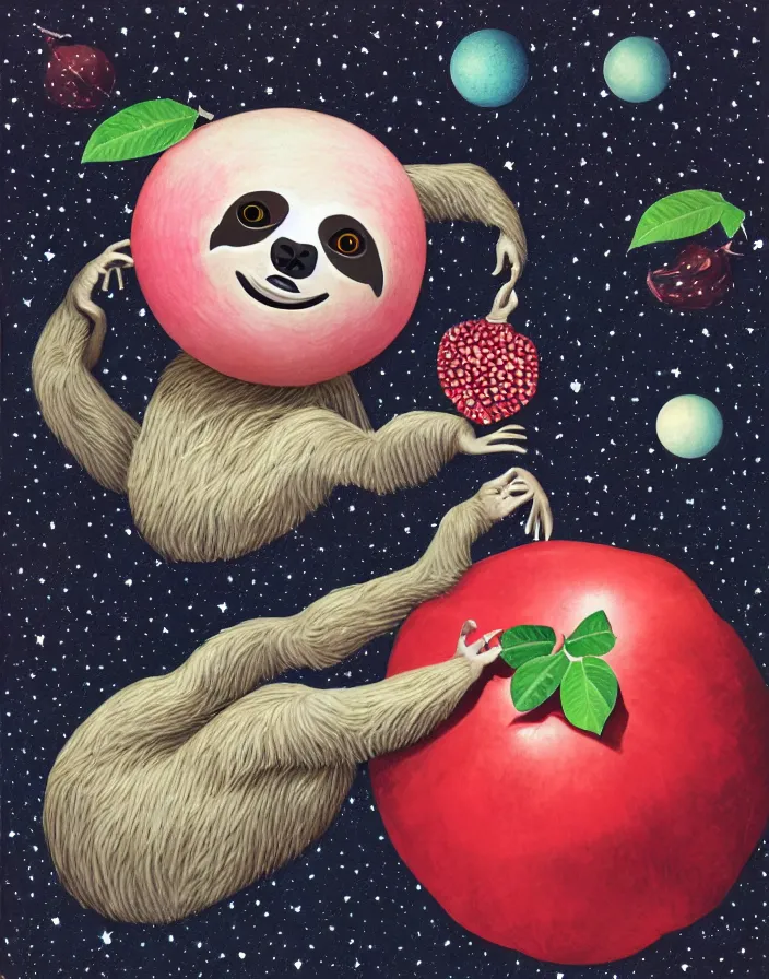 Prompt: sloth enjoying a pomegranate floating though space, starry background, surreal, dark, in the style of mark ryden