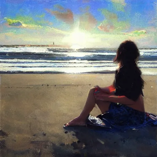 Image similar to “ a girl sitting on rockaway beach drinking a can of beer, morning light, by daniel gerhartz ”