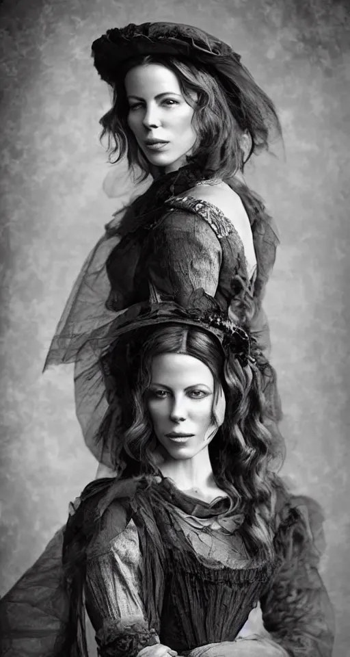 Image similar to digital collodion photograph, a beautiful portrait of Kate Beckinsale dressed in victorian era clothes