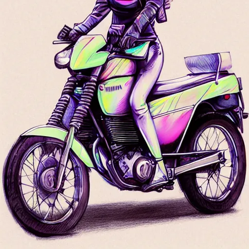Prompt: girl on a yamaha tw 2 0 0 motorcycle, pastel colors, light blues, anime, 3 d art, digital illistration, 8 k, hd, perfect lighting