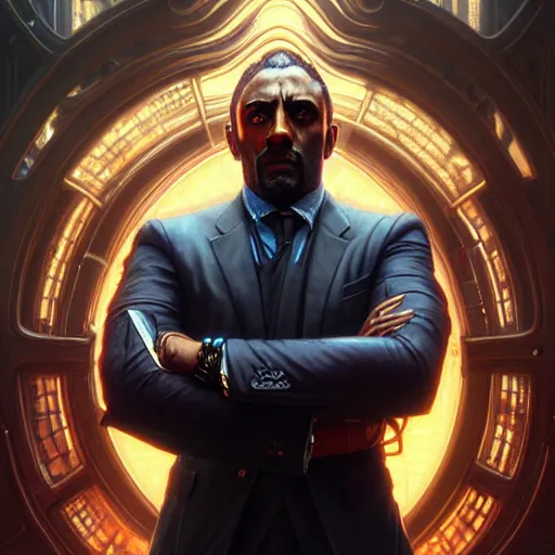 Image similar to portrait painting of a cyberpunk corporate boss elven idris elba, ultra realistic, concept art, intricate details, eerie, highly detailed, photorealistic, octane render, 8 k, unreal engine. art by artgerm and greg rutkowski and charlie bowater and magali villeneuve and alphonse mucha