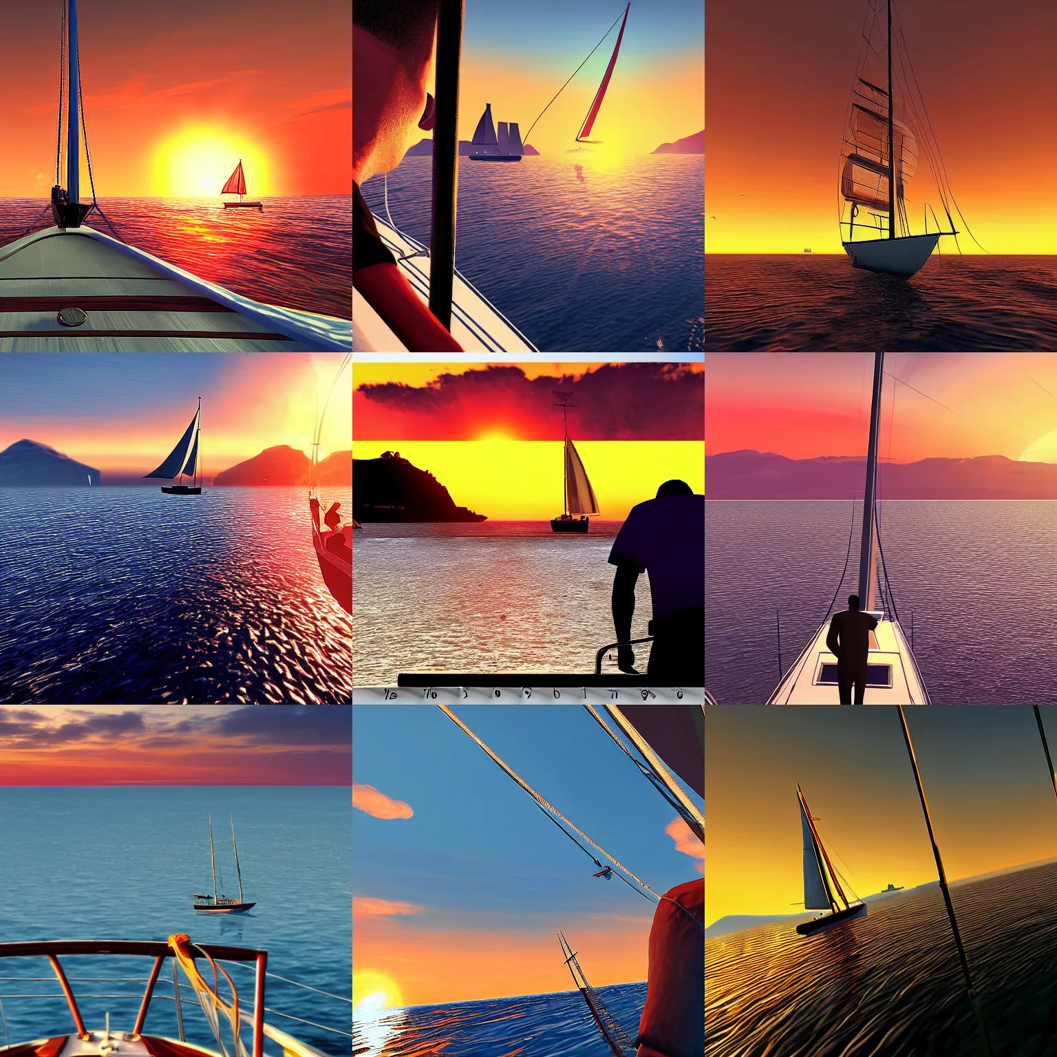 Prompt: Man on a sailboat, sunset, closeup, GTA V poster
