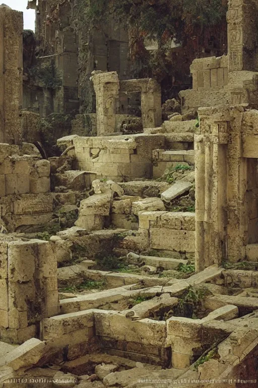 Image similar to looking up at ancient babylonian city ruins, broken statues, moss, intricate, elegant, vivid colors, highly detailed, john park, frazetta, sparth, ruan jia, jeffrey catherine jones