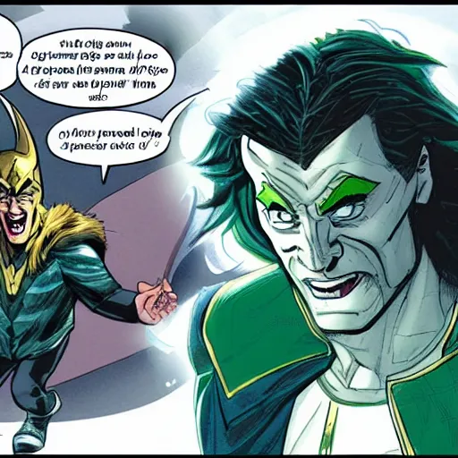 Image similar to this illustration is concept art for the comic book character of loki, the norse god of mischief with an amused expression. drawn by lee garbett, color artist by nolan woodard, and written by al ewing.