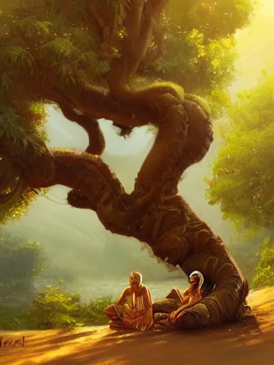 Image similar to a grumphy man, legs and arms crossed, sitting under a bodhi tree. intricate, elegant, highly detailed, digital painting, artstation, concept art, sharp focus, illustration, by justin gerard and artgerm, 8 k