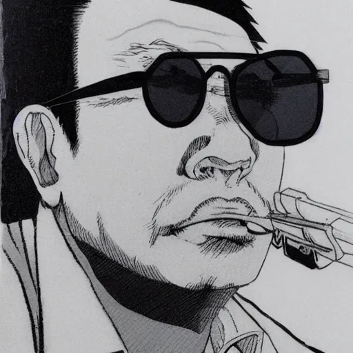 Prompt: man wearing sunglasses, Katsuhiro Otomo, Hiroya Oku, Hiromu Arakawa