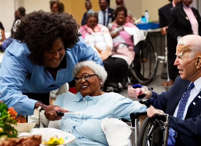 Prompt: Biden in a wheelchair getting spoon-fed by obese black woman, nursing home, award winning cinematic photography, 50 mm, blurred background, trending on twitter