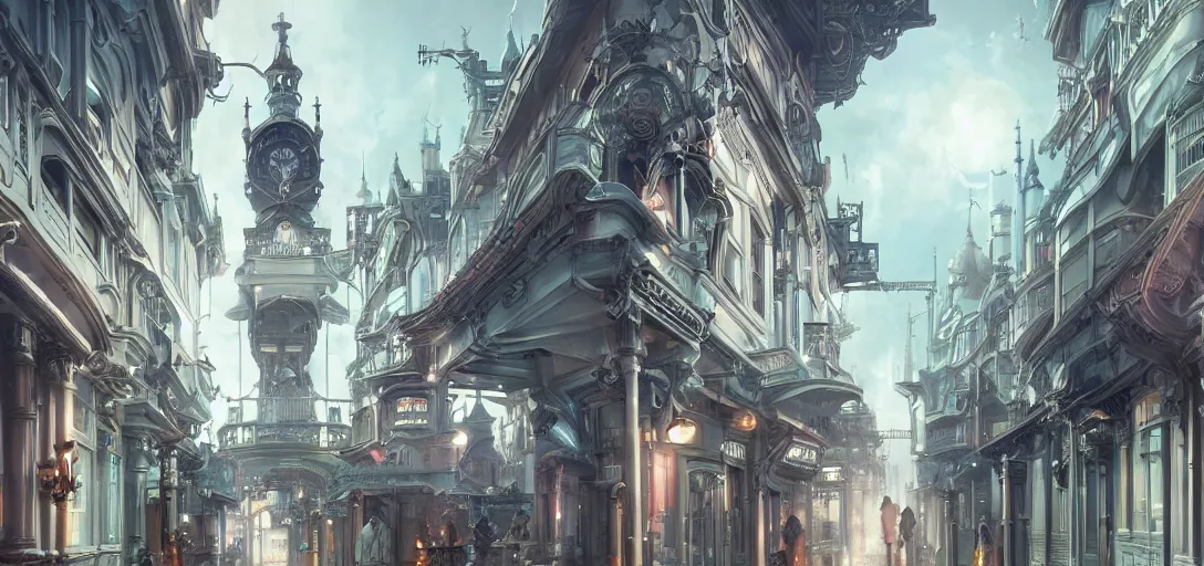 Image similar to futuristic cyber kawaii victorian city street, by artgerm, tom bagshaw, gerald brom, 4 k, hd, white, light, bright, beautiful, victorian architecture,