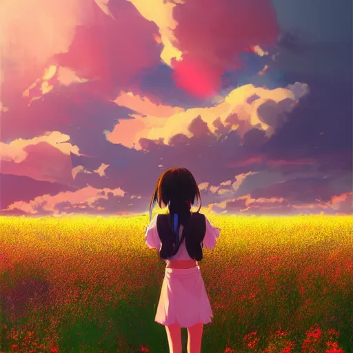 Prompt: anime girl in forground standing on flower field looking up at a cloudy sky during sunset fantasy landscape consept art, in the style of Ilya Kuvshinov, tranding on art station