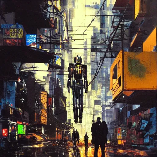 Prompt: a full-metal neon robot sobs when seeing the devastation of cyberpunk Santiago of Chile, oil on canvas by Yoji Shinkawa and Dave McKean