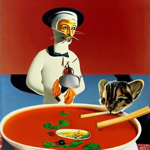 Image similar to anthropomorphic cat chef cooking a delicious colorful soup, by Salvador Dali