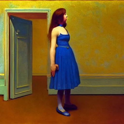 Image similar to close up of a girl in a blue and gold haunted liminal abandoned room, film still by edward hopper, by gottfried helnwein, by klimt, art noveau, highly detailed, strong lights, liminal, eerie, bright pastel colors,