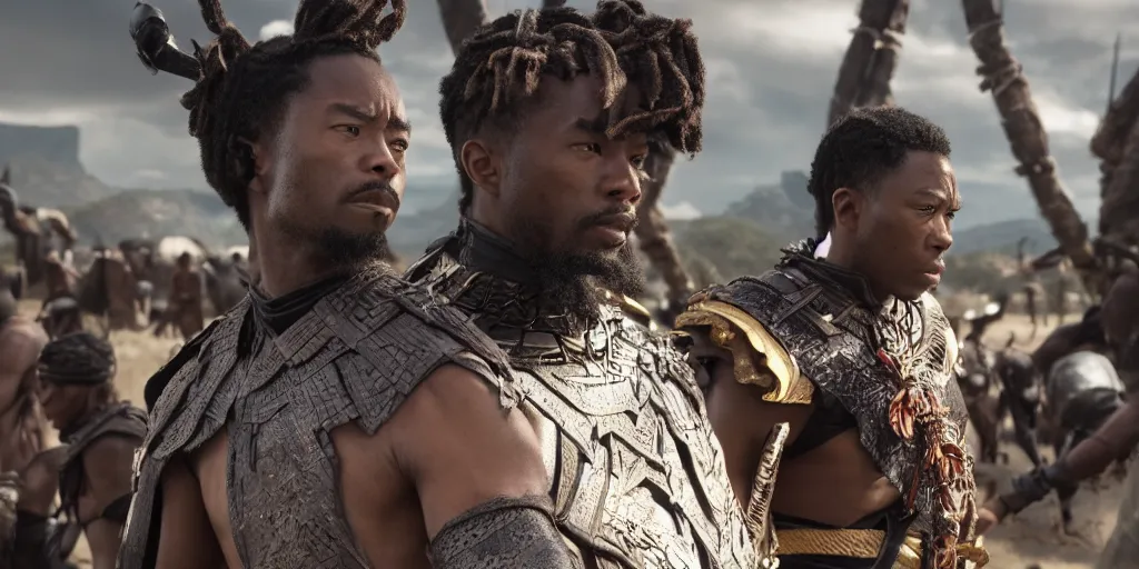 Image similar to a film still of a black man starring in a japanese blockbuster film as ancient samurai in the city of wakanda, shallow depth of field, cinematic, award winning cgi, vfx, film still