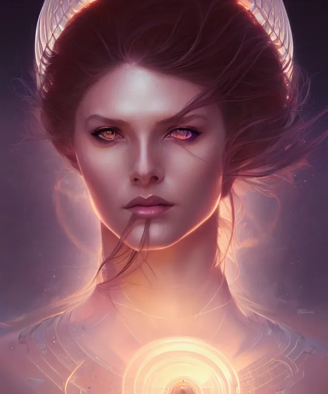 Image similar to futuristic woman portrait, sci-fi, amber eyes, face, long hair, fantasy, intricate, elegant, highly detailed, digital painting, artstation, concept art, smooth, sharp focus, illustration, art by artgerm and greg rutkowski and alphonse mucha