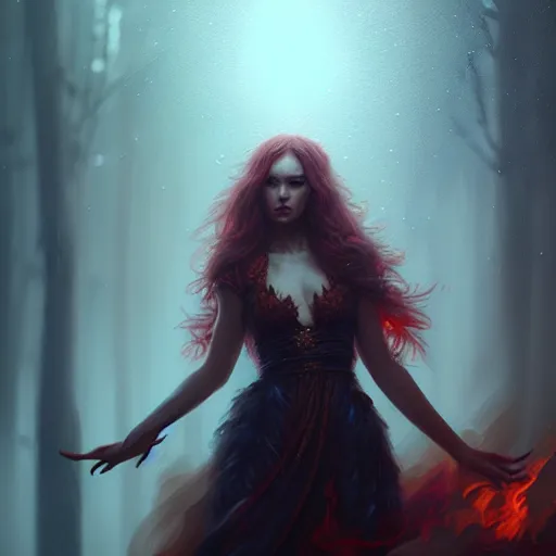 Image similar to Magician, female, fantasy, flames, rain, intricate, elegant, highly detailed, digital painting, artstation, concept art, smooth, sharp focus, illustration, octane render, art by Leesha Hannigan, Ross Tran, Thierry Doizon, Kai Carpenter, Ignacio Fernández Ríos