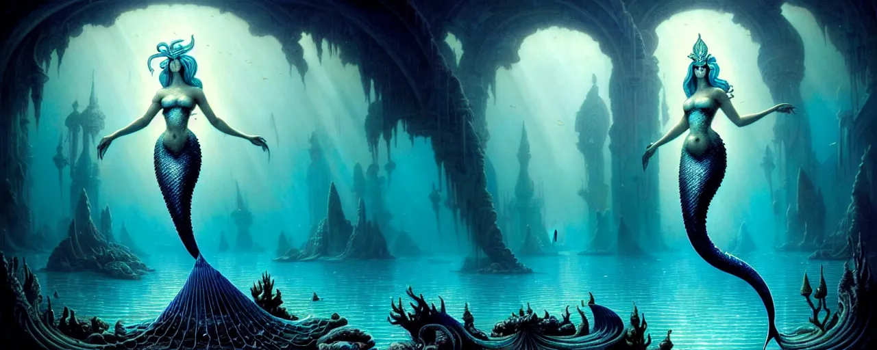 Image similar to a graceful beautiful mermaid looking at the sunken city of Atlantis deep under water, stunning undersea intricate detailed grand architecture in the style of Joe Fenton, art style by Greg Rutkowski and Mohrbacher and Gerald Brom and H. R. Giger, deep underwater scene, dark and moody, rays of sunlight, faint volumetric god rays, grim crushing atmosphere, trending on artstation, masterpiece, claustrophobic, dizzy, sharp focus, 8k octane beautifully detailed render, post-processing, extremely hyperdetailed, intricate, epic composition, grim yet sparkling atmosphere, cinematic lighting + masterpiece, trending on artstation, very detailed, Art Nouveau