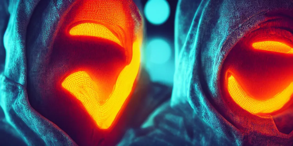 Prompt: an extreme close - up portrait of a neon glowing hoodie, photographic filter, unreal engine 5, realistic, hyperdetailed, 8 k, cinematic, volumetric lighting, very realistic effect, hd, hdr, 4 k, sharp focus, octane render, ultra detailed, high resolution, trending on artstation in the style of albert dros glowing rich colors powerful imagery