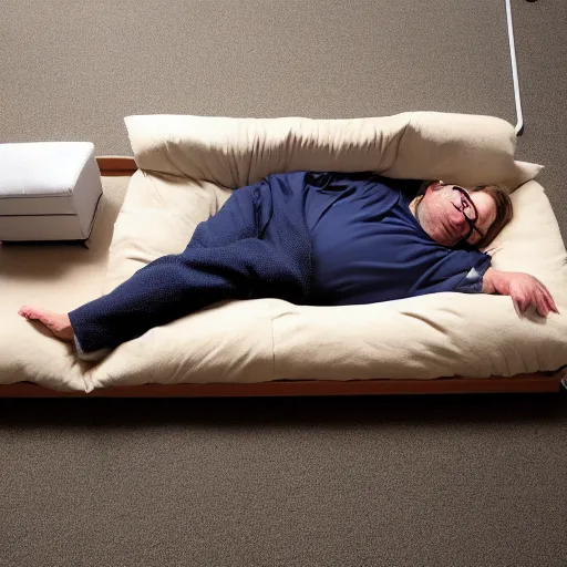 Prompt: gabe newell sleeping on futon on floor, realistic