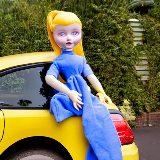 Image similar to blue doll holding yellow car in the hand, on top of her head laying red ball