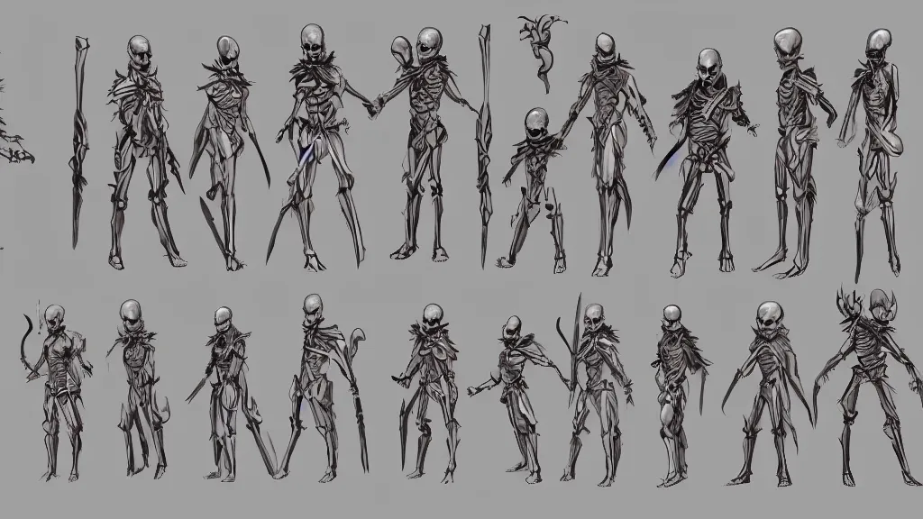 Image similar to a fantasy ninja skeleton warrior character design sheet, trending on artstation