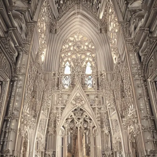 Image similar to a hyperrealistic 3 d render of a delicate ivory sculpture of an ornate detailed cathedral populated by mandelbrot fractals, micro detail, unreal engine, backlit lighting, octane renderer, catholicpunk, carved ivory, physically based rendering, carved soap, trending on cgsociety