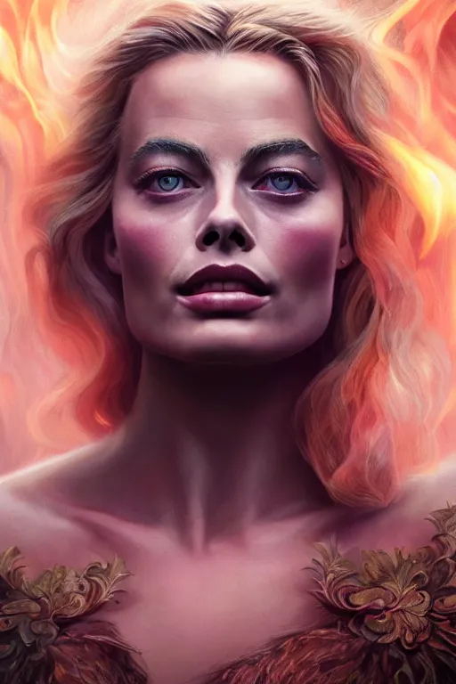 Image similar to majestic and regal portrait of a beautiful young margot robbie fire goddess!!, intricate, epic, elegant, menacing, fantasy, highly detailed, digital painting, hard focus, beautiful volumetric lighting, epic light, ultra detailed, souls, smoke, by leesha hannigan, ross tran, thierry doizon, kai carpenter, ignacio fernandez rios