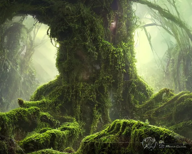 Image similar to The temple of infinite stones, overgrown with vines and moss, thick and rich vines hanging down from the ceiling of the temple, lush plants, amazing scale and lighting, digital art, trending on Artstation