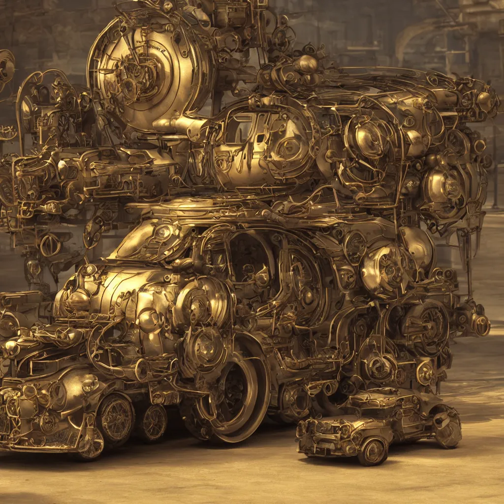 Image similar to steampunk style blender car, photorealistic, 3 d rendering, cute, unreal engine, bokeh
