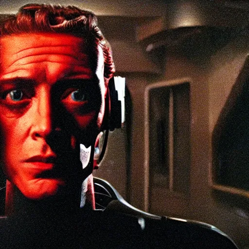 Image similar to movie still of a cyborg, facial expression, cinematic composition, cinematic light, surreal cinema, by edgar wright and david lynch,