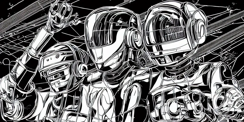 Image similar to detailed manga artwork of 2 Daft Punk robot rock using Apple notebook Macbook at an underground warehouse rave in Ibiza, playing techno house music, thousands of beautiful girls in bikini dancing, in the style of manga illustration, wires, speakers, trending on artstation
