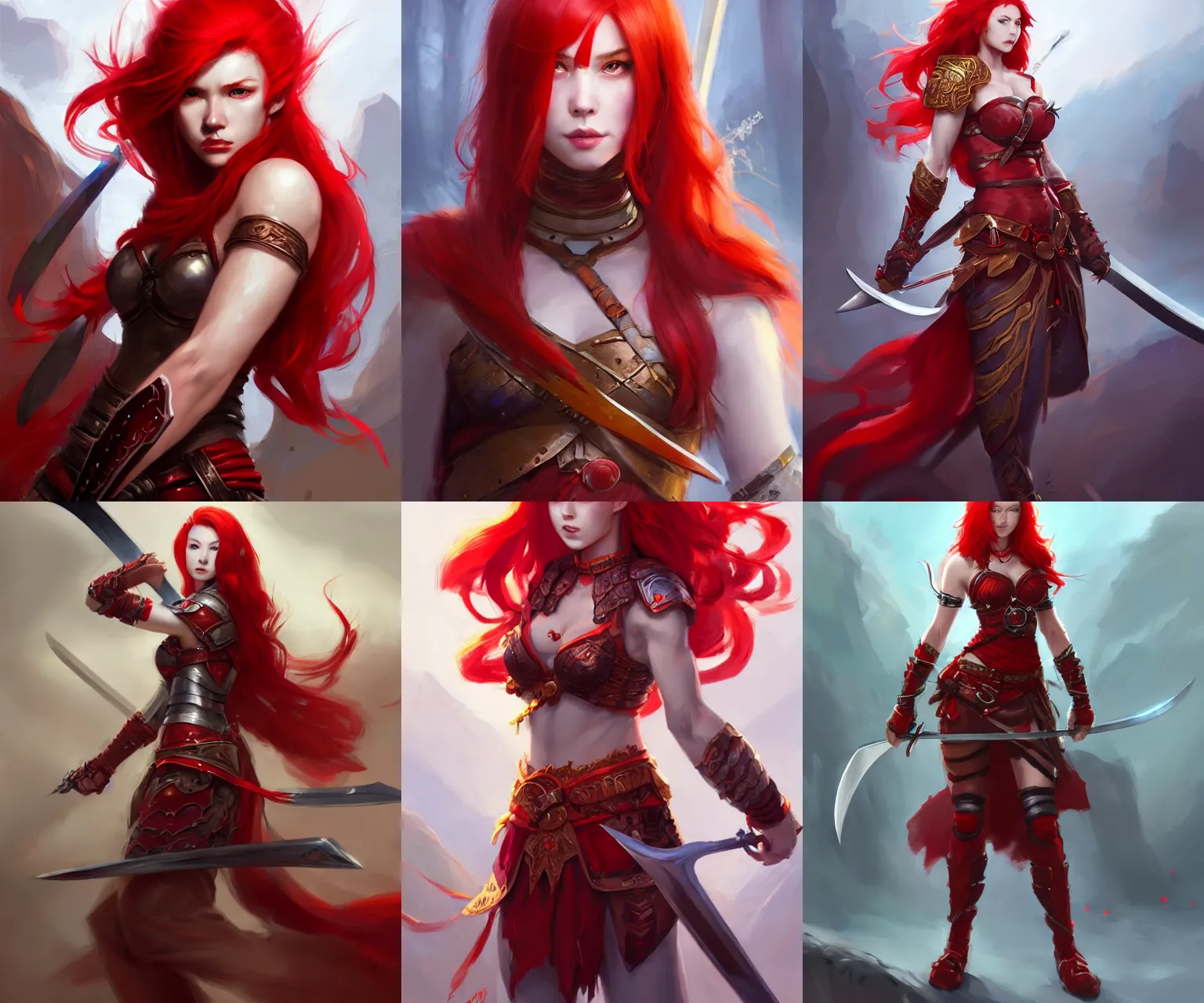 Prompt: concept art of a beautiful warrior woman with red hair, wearing red clothing, holding a sword | | cute - fine - face, beautiful face, fine details by stanley artgerm lau, wlop, rossdraws, james jean, andrei riabovitchev, marc simonetti, and sakimichan, trending on artstation
