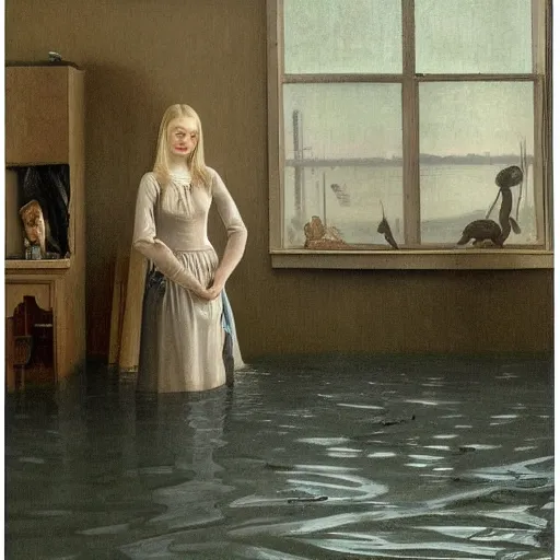 Prompt: painting of Elle Fanning in a flooded house interior, by Bosch