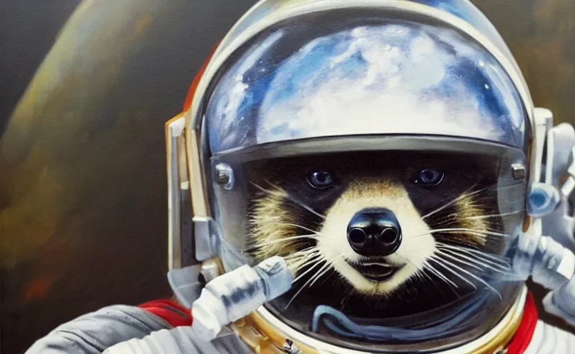 Image similar to oil painting of a racoon in a astronaut suit with helmet, 35mm, photo, Epic, cinematic, highly detailed and intricate