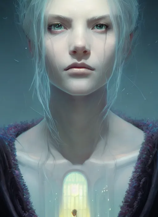 Image similar to Highly detailed necrotic portrait of a woman, Stephen Bliss, unreal engine, fantasy art by Greg Rutkowski, Loish, Rhads, Makoto Shinkai and Lois van baarle, ilya kuvshinov, rossdraws, Tom Bagshaw, global illumination, radiant light, detailed and intricate environment