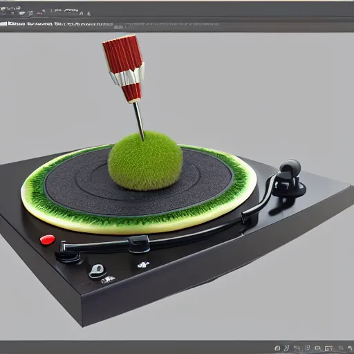 Prompt: a funny turntable with a needle on top of kiwi, a low poly render, featured on polycount, computer art, sketchfab, rendered in maya, voxel art